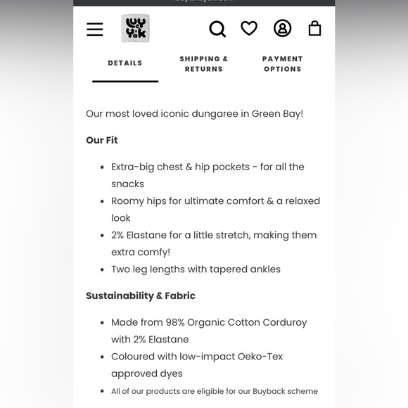 Lucy & Yak Original corduroy Dungarees in Green Bay - US 8 UK 12 - Picture 6 of 7